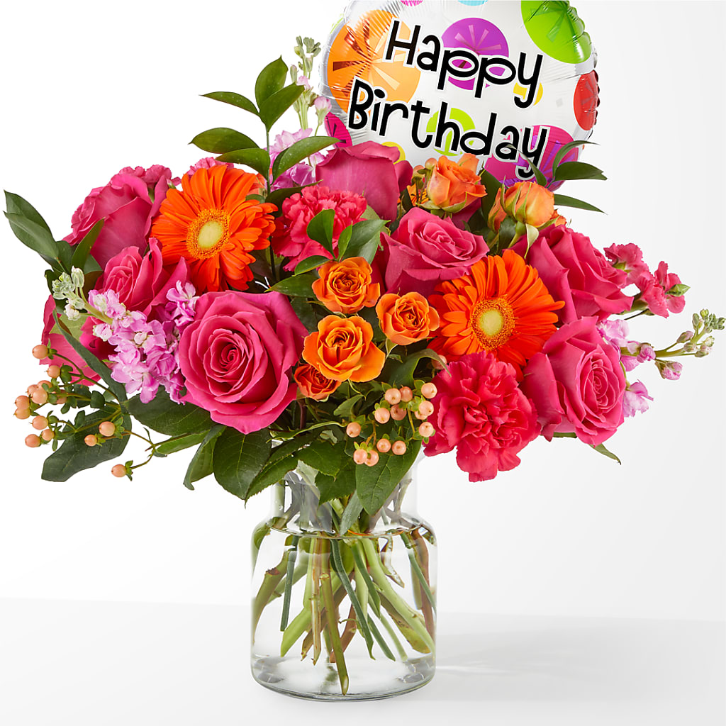 Fiesta Bouquet with Birthday Balloon – Deux Gars Des Fleurs, Sorel PQ
