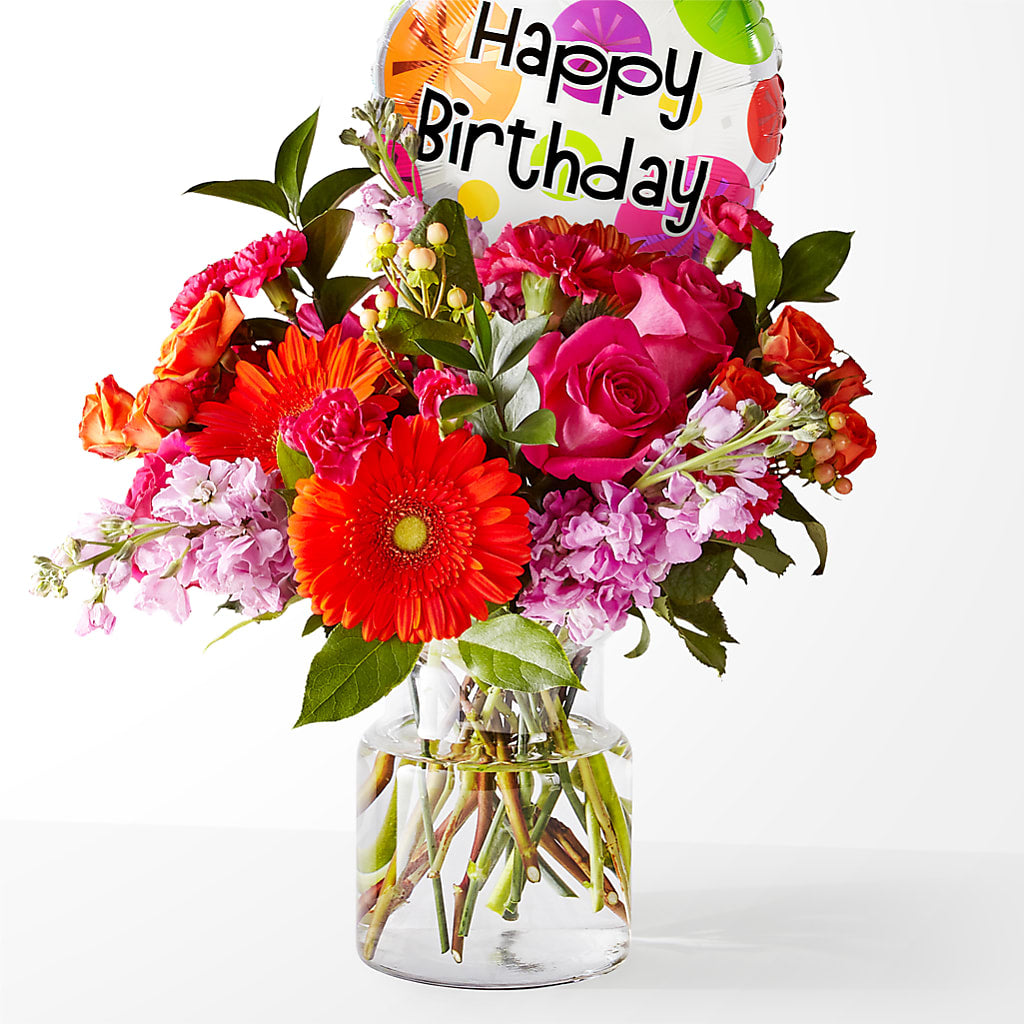 Fiesta Bouquet with Birthday Balloon – Deux Gars Des Fleurs, Sorel PQ