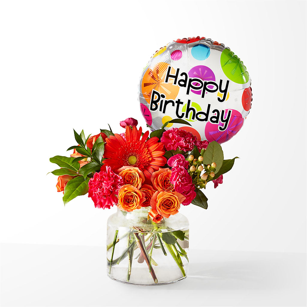Fiesta Bouquet with Birthday Balloon – Deux Gars Des Fleurs, Sorel PQ