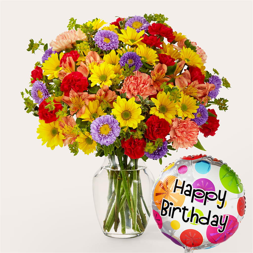 Kaleidoscope Bouquet with Birthday Balloon – Deux Gars Des Fleurs, Sorel PQ