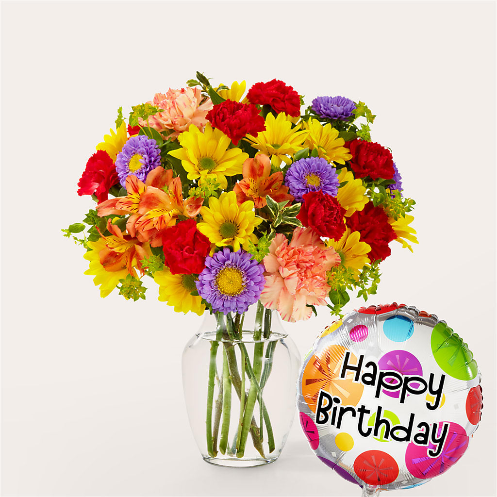 Kaleidoscope Bouquet with Birthday Balloon – Deux Gars Des Fleurs, Sorel PQ