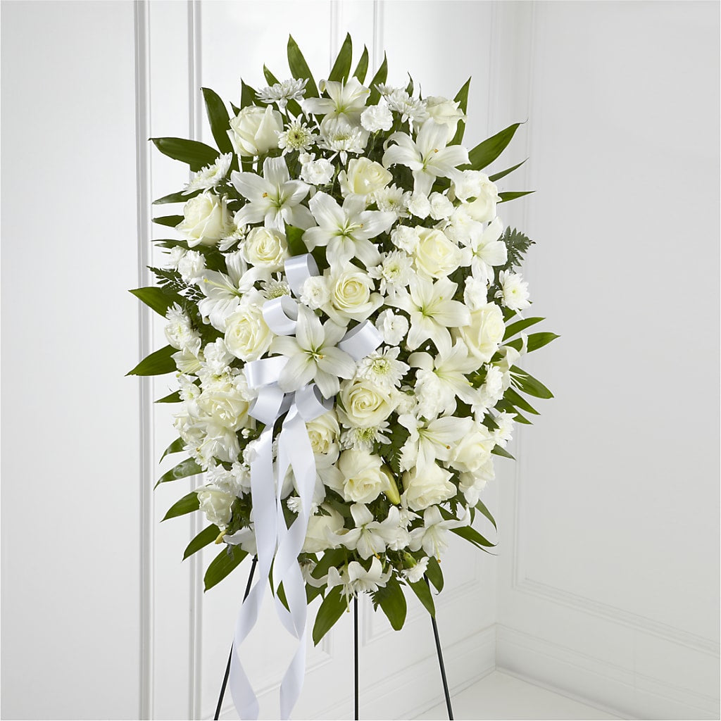 Exquisite Tribute Standing Spray-White Ribbon – Deux Gars Des Fleurs, Sorel PQ