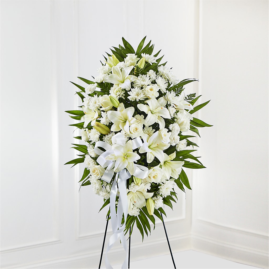 Exquisite Tribute Standing Spray-White Ribbon – Deux Gars Des Fleurs, Sorel PQ