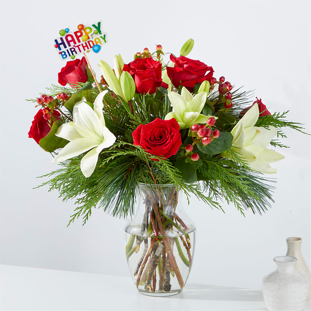 Bouquet Evergreen Delight et décoration « Joyeux anniversaire »