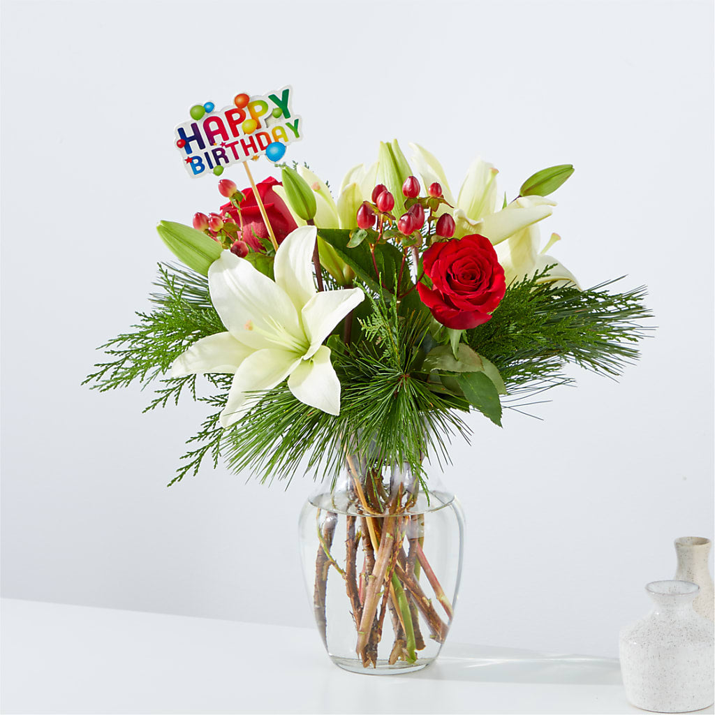 Bouquet Evergreen Delight et décoration « Joyeux anniversaire »